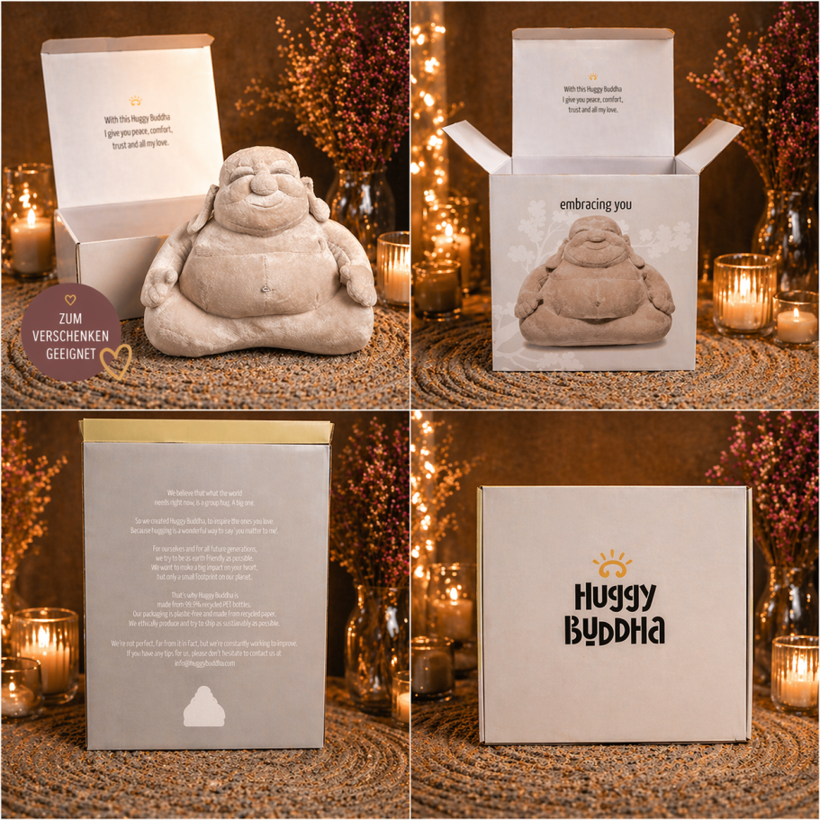 Buddha Figur mit Verpackung Übersicht Buddha Figur mit Verpackung in vier Ansichten mit Produktdetails und Darstellung der Box