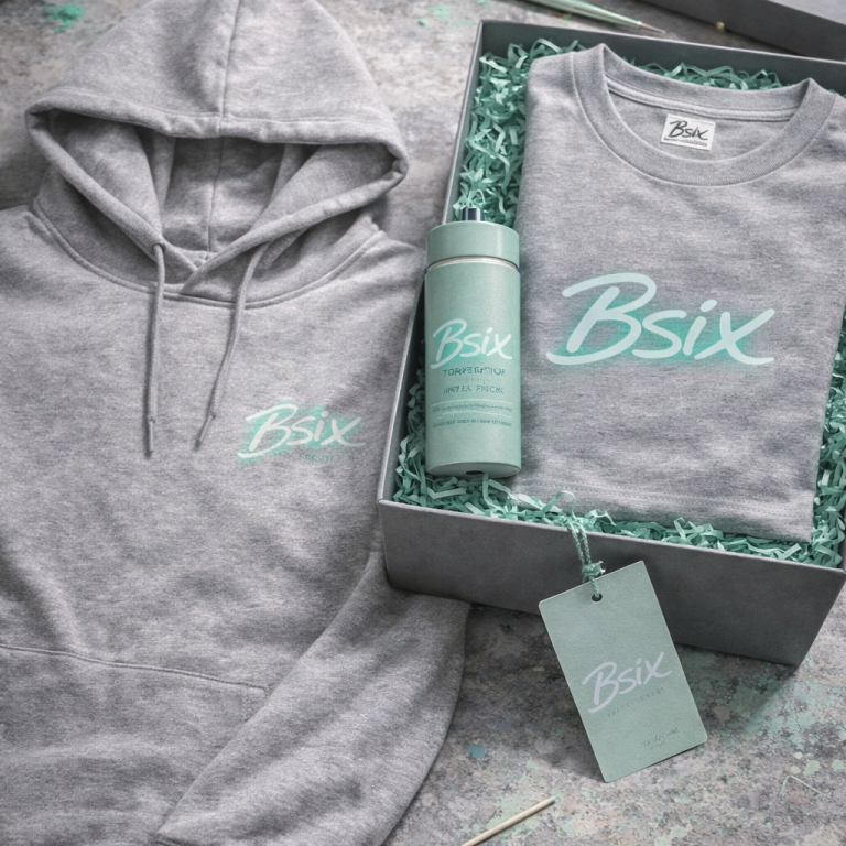 Bekleidungsartikel und Accessoire von BSix® in Geschenkbox Grauer Hoodie und graues T-Shirt mit BSix®-Schriftzug, arrangiert in Geschenkbox mit Flasche