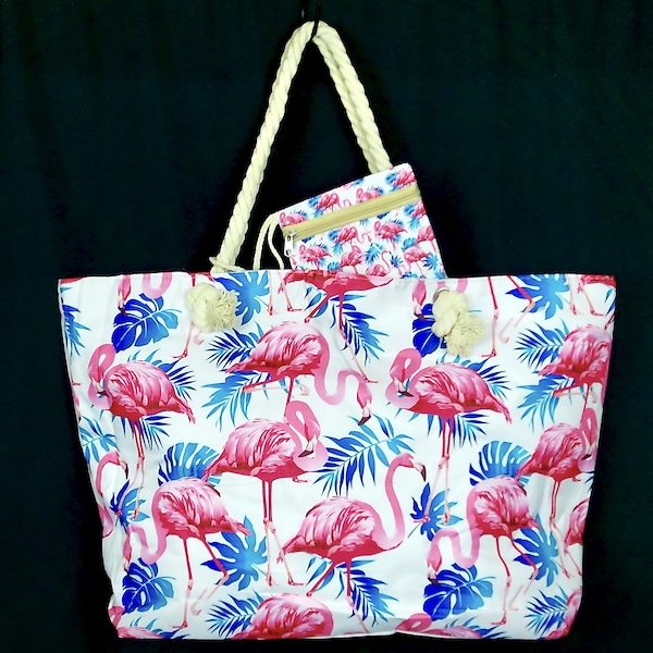 Stofftasche Flamingo Muster mit Kordelgriffen Stofftasche mit Flamingo-Muster und Kordelgriffen, sommerliches Design