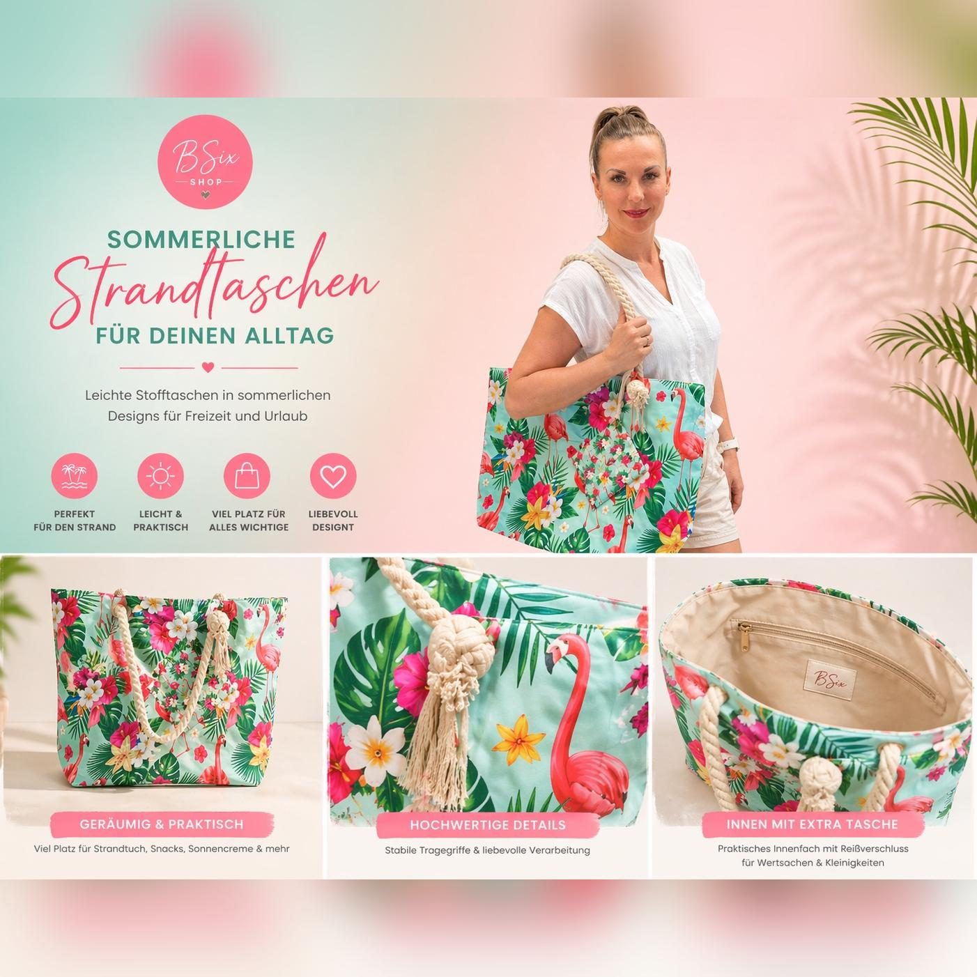 Sommerliche Stofftaschen Übersicht mit Details und Innenfach Übersicht sommerlicher Stofftaschen mit Flamingo- und Blumenmuster sowie Detailansichten und Innenfach