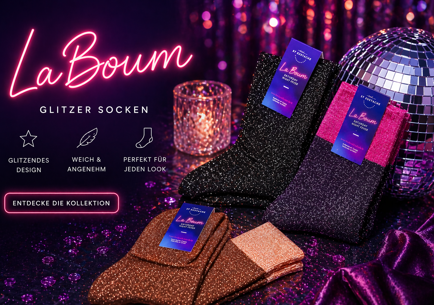Glitzer Socken Sortiment Glitzer Socken in verschiedenen Farben mit Produktverpackung auf dekorativem Hintergrund